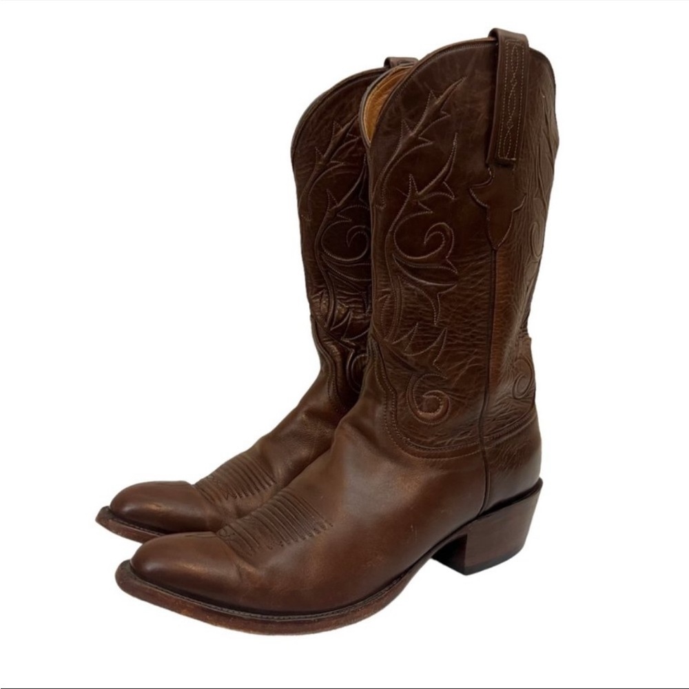 Lucchese Handmade Western Mid Calf Boots Embroidered Tobacco Brown Size 12